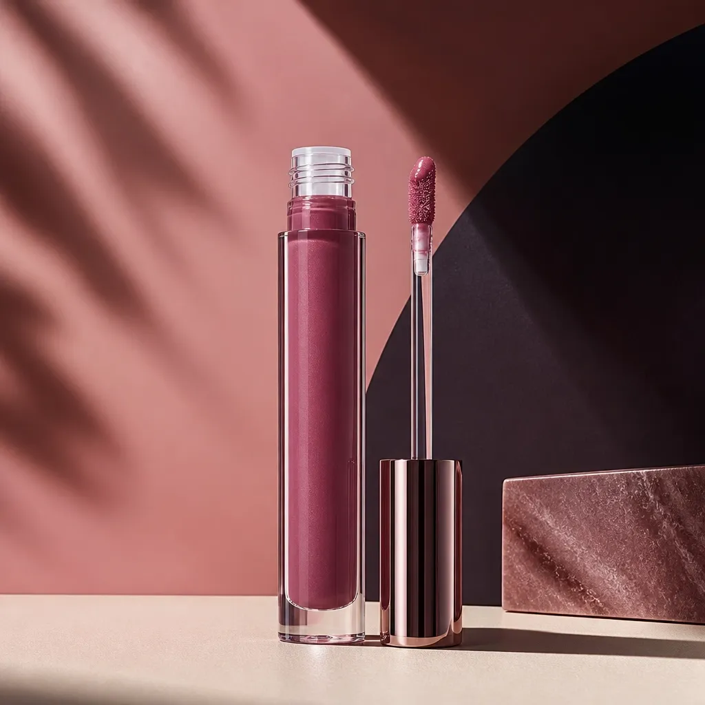 Faithful muted mauve lip color in a clear glossy tube with a visible doe-foot wand applicator