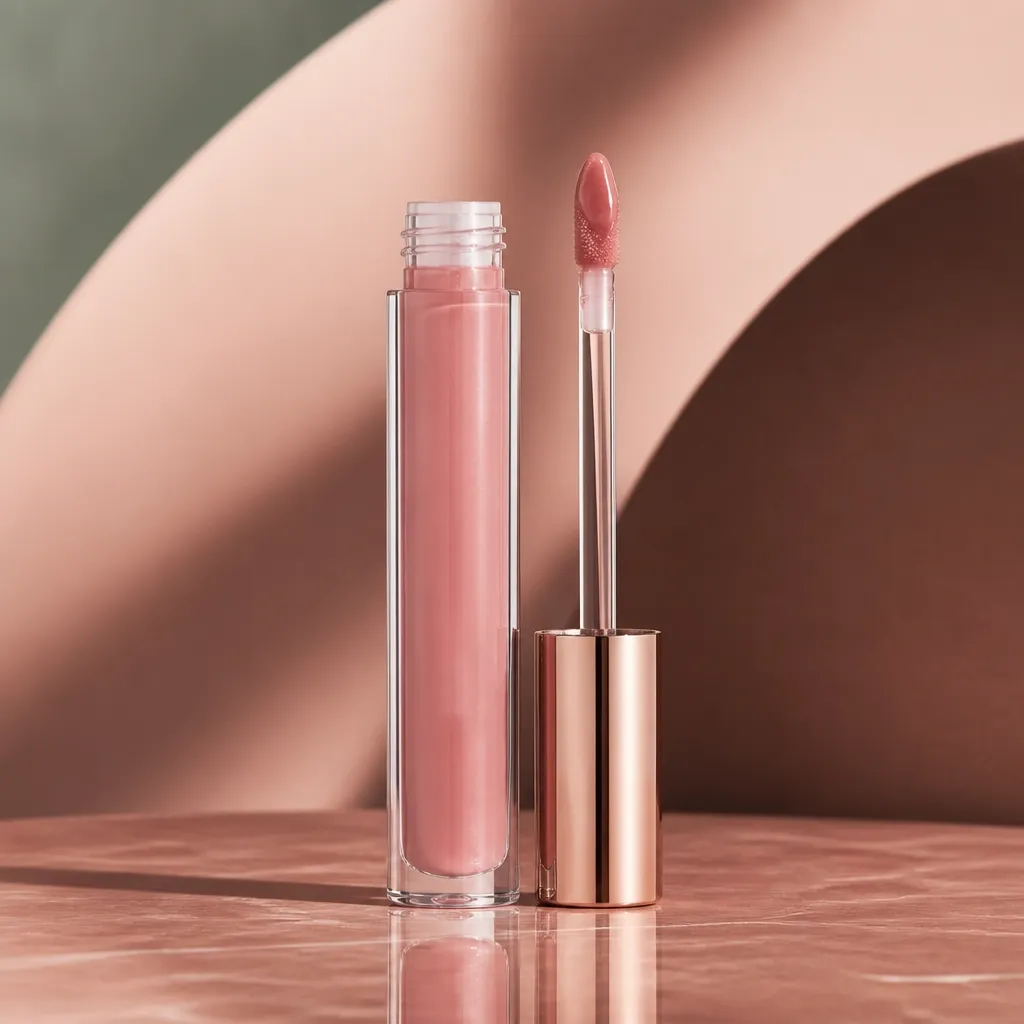 Living Water hydrating nude lip color in a clear glossy tube with a visible doe-foot wand applicator
