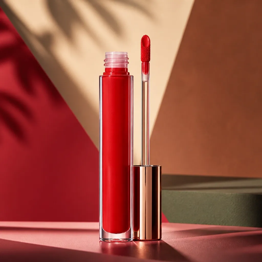 Redeemed rich confident red lip color in a premium clear glossy tube with a visible doe-foot wand applicator